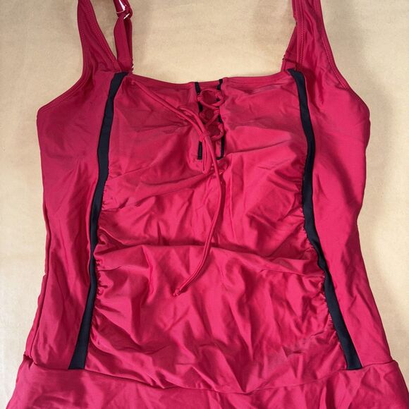 Red And Black Swim Dress Bathing suit Lace Up Front Size Large - Picture 2 of 8